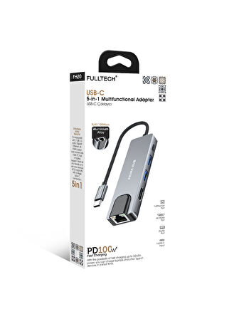 Fulltech FH20 5-in-1 USB-C Çoklayıcı Adaptör | 100W PD Hızlı Şarj | 4K HDMI | Ethernet | 2x USB 3.0