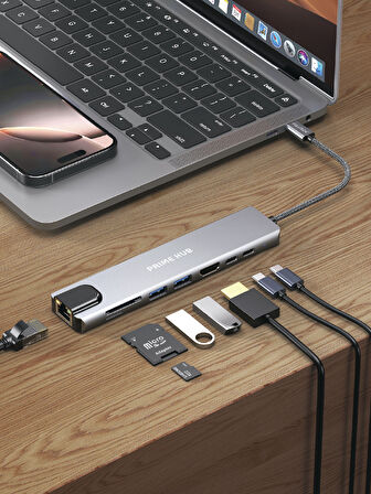 Fulltech FH21 8-in-1 USB-C Çoklayıcı | 4K HDMI, 100W PD, Gigabit Ethernet, SD/TF Kart Okuyucu, 2xUSB-C + 2xUSB 3.0 Çoklu Bağlantı Adaptörü
