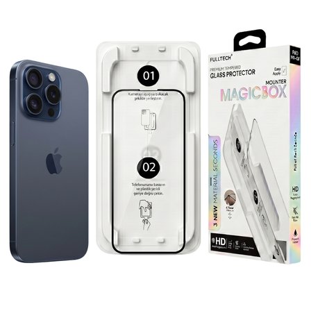 Fulltech MagicBox iPhone 15 Pro Premium Tempered Glass Aparatlı Ekran Koruyucu - Clear
