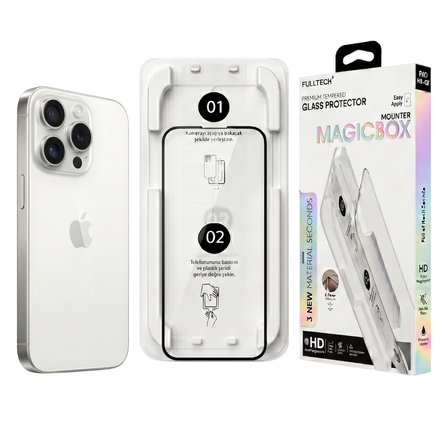 Fulltech MagicBox iPhone 16 Pro Premium Tempered Glass Aparatlı Ekran Koruyucu - Clear