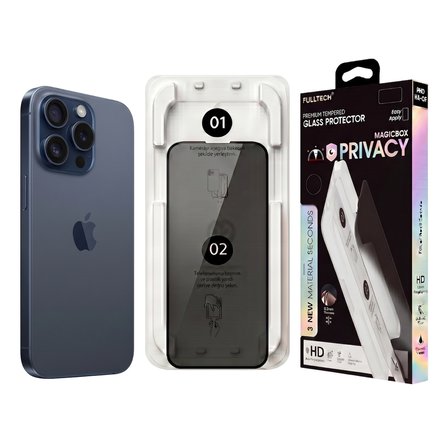Fulltech MagicBox iPhone 15 Pro Premium Tempered Glass Aparatlı Ekran Koruyucu - Privacy