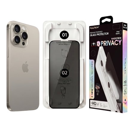 Fulltech MagicBox iPhone 15 Pro Max Premium Tempered Glass Aparatlı Ekran Koruyucu - Privacy