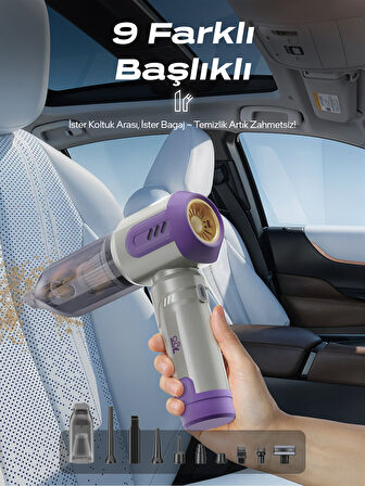 7GO AHV-14 2'si 1 Arada Kablosuz Araç İçi Süpürge Mor | 18000PA Güçlü Vakum + Üfleme | Cam Kırıcı & Kemer Kesici Acil Durum Özellikli