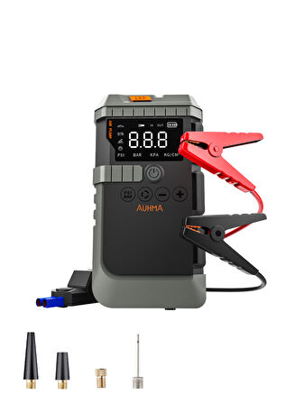 Auhma A7711 Jump Starter / Akü Takviye Cihazı | 4'ü 1 Arada Powerbank, Hava Kompresörü, LCD Ekran, 12.000mAh 150PSI