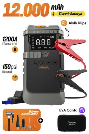 Auhma A7711 Jump Starter / Akü Takviye Cihazı | 4'ü 1 Arada Powerbank, Hava Kompresörü, LCD Ekran, 12.000mAh 150PSI