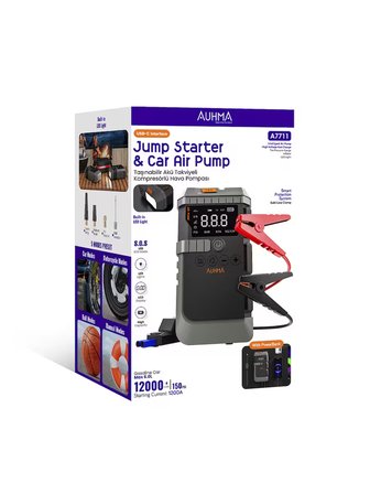 Auhma A7711 Jump Starter / Akü Takviye Cihazı | 4'ü 1 Arada Powerbank, Hava Kompresörü, LCD Ekran, 12.000mAh 150PSI