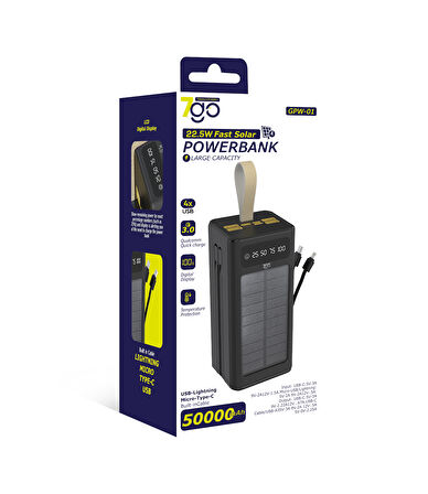 7GO GPW-01 50.000 mAh Solar Powerbank – 22.5 W Hızlı Şarj, Dahili Kablolu, LED Ekranlı Taşınabilir Şarj Cihazı