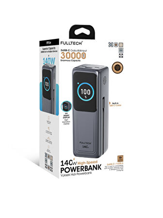 Fulltech FP34 140W 30.000mAh Akıllı Ekranlı Hızlı Şarj Powerbank | 2xUSB-C & Dahili Kablo | 4 Cihaz Eşzamanlı Şarj