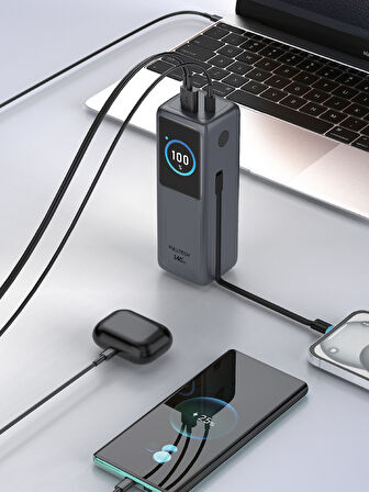 Fulltech FP34 140W 30.000mAh Akıllı Ekranlı Hızlı Şarj Powerbank | 2xUSB-C & Dahili Kablo | 4 Cihaz Eşzamanlı Şarj