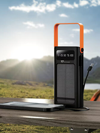 7GO GPW-02 20.000mAh Solar Powerbank – 4xUSB-A, Qualcomm 3.0 Hızlı Şarj, Dahili Lightning & USB-C Kablo, Dijital Yüzdelik Ekran