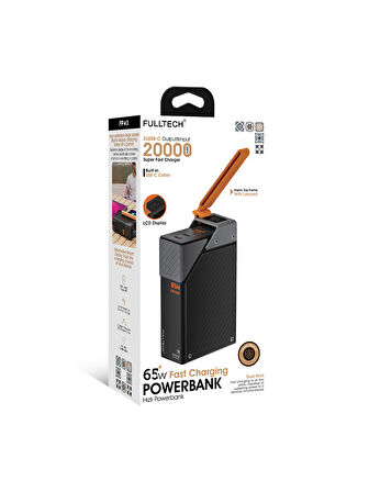 Fulltech FP43 20000mAh 65W Süper Hızlı Şarj Powerbank | LCD Akıllı Ekran, Dahili USB-C Kablo, 2×USB-C Çıkış, Düşük Isı Koruması