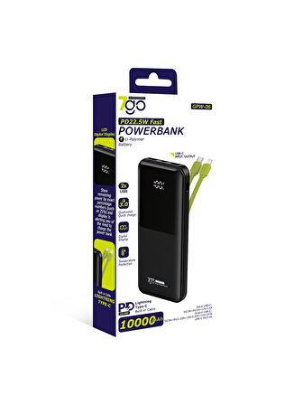 7GO GPW-06 10000mAh PD22.5W Hızlı Şarj Powerbank Siyah | Dahili Type-C & Lightning Kablo | Dijital Ekranlı Taşınabilir Şarj Cihazı