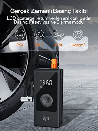 7GO 7A3 Hava Pompası & Powerbank | 150 PSI Ultra Basınç, LED Işıklı, LCD Ekranlı, 4000mAh Taşınabilir Şarjlı Kompresör