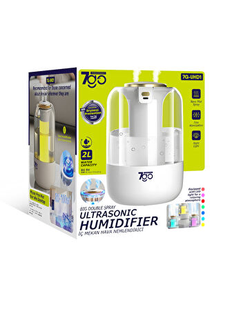 7GO 7G-UHD1 Ultrasonik Çift Çıkışlı Hava Nemlendirici | 2L Su Kapasiteli, USB-C, LED Işıklı, Sessiz Nano Buhar Teknolojisi