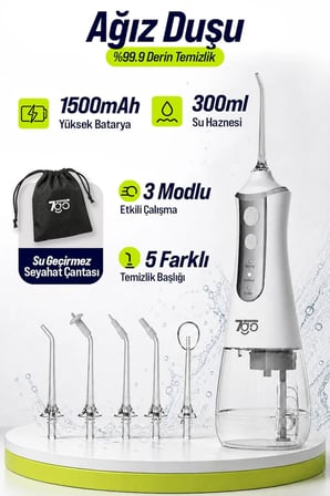 7GO 7GMF1 Şarjlı Ağız Duşu (Water Flosser) – 300ml Su Haznesi, 5 Başlıklı IPX6 Su Geçirmez Diş Temizleme Cihazı