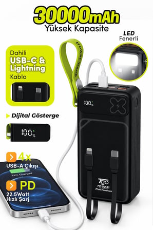 7GO GPW-12 30000 mAh 22.5W Hızlı Şarj Powerbank – Dahili Type-C ve Lightning Kablolu, Dijital Ekranlı, LED Aydınlatmalı