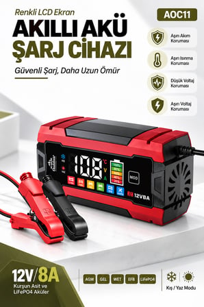 Auhma AOC11 12V 8A Akıllı Akü Şarj ve Onarım Cihazı – Renkli LCD Ekran, Pulse Repair, LiFePO4 / AGM / GEL Uyumlu