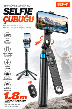 Blic BLT-41 1.8 Metre 360° Dönebilen Pan Tilt Bluetooth Selfie Çubuğu Tripod – Kablosuz Kumandalı Alüminyum Alaşım