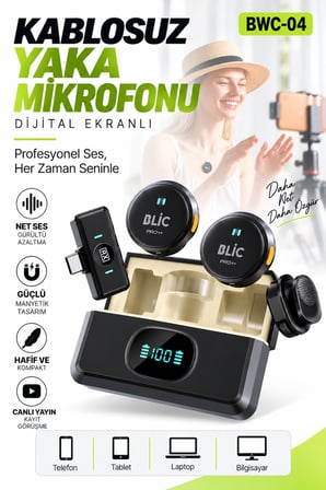 Blic Pro++ BWC-04 Type-C 2.4G Kablosuz İkili Yaka Mikrofonu – Dijital Göstergeli, Manyetik Tasarımlı