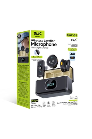 Blic Pro++ BWC-04 Type-C 2.4G Kablosuz İkili Yaka Mikrofonu – Dijital Göstergeli, Manyetik Tasarımlı