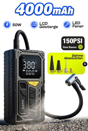 AUHMA A7777 Taşınabilir Araç Lastik Hava Pompası 4000mAh 150 PSI Dijital Ekranlı Kompresör | Type-C Şarj | LED Fener | Powerbank Özellikli Akıllı Hava Basınç Pompası