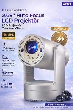 Şarjlı Android Auto Focus Projeksiyon|4K Destekli 720P|Dahili Hoparlör|WiFi 2.4G/5G|Taşınabilir LCD