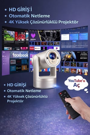 Şarjlı Android Auto Focus Projeksiyon|4K Destekli 720P|Dahili Hoparlör|WiFi 2.4G/5G|Taşınabilir LCD