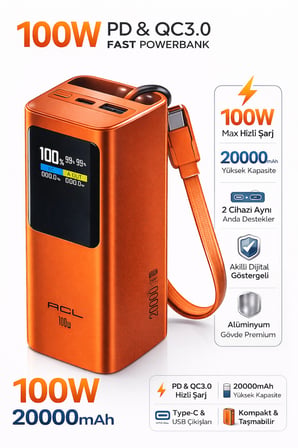 100W PD Hızlı Şarj Powerbank 20.000mAh – Type-C Laptop Destekli Taşınabilir Şarj Cihazı, Alüminyum
