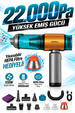 Auhma AHV-27 22.000Pa Kablosuz Araç İçi El Süpürgesi Gold 220W 9.000mAh Vakum & Hava Üfleme Özellikli
