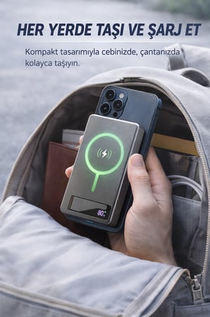 10000mAh MagSafe Kablosuz Powerbank 20W Hızlı Şarj USB-C PD Standlı LCD Göstergeli