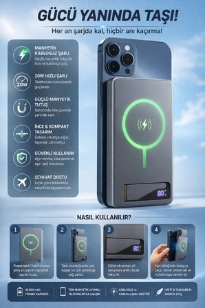 10000mAh MagSafe Kablosuz Powerbank 20W Hızlı Şarj USB-C PD Standlı LCD Göstergeli