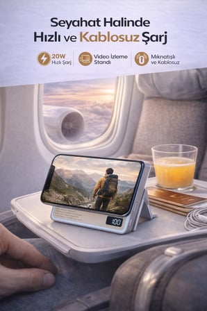 10000mAh MagSafe Kablosuz Powerbank 20W Hızlı Şarj USB-C PD Standlı LCD Göstergeli
