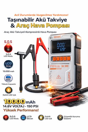 Kompakt Akü Şarj Cihazı ve Hava Pompası - 150 PSI 10000mAh Güç