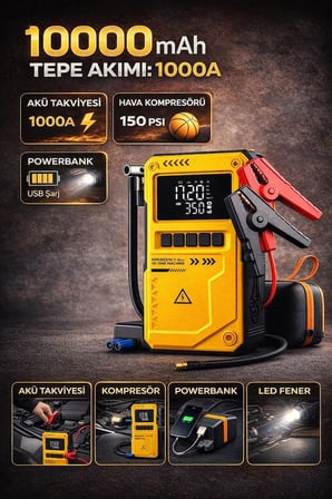 Kompakt Akü Şarj Cihazı ve Hava Pompası - 150 PSI 10000mAh Güç