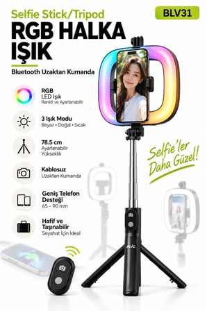 Blic BLV31 RGB Ring Light Bluetooth Kumandalı Selfie Çubuğu & Tripod – 9.6W Şarjlı LED Halka Işık, 3 Işık Tonu, 78.5 cm