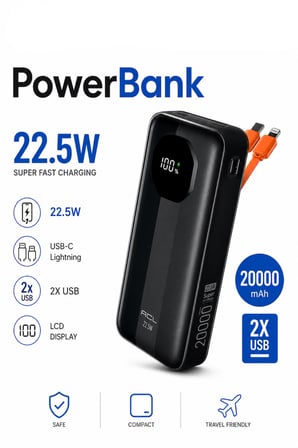 20000 mAh Powerbank 22.5W Süper Hızlı Şarj Dahili Kablolu Type-C Lightning Taşınabilir Powerbank LCD Göstergeli Harici Batarya