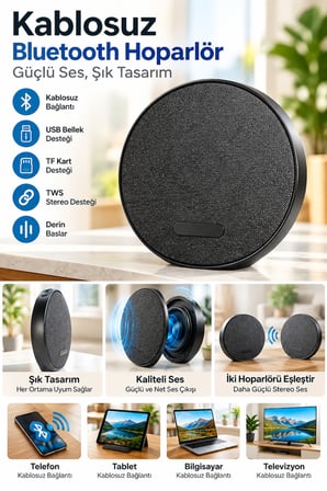 Taşınabilir Bluetooth Hoparlör 7W – TWS Stereo Eşleşme, Güçlü ve Net Ses, USB/TF Kart, Type-C Şarj