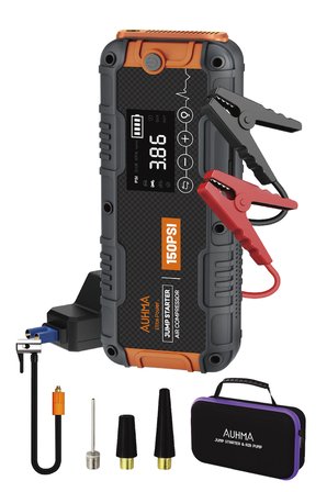 Auhma A9955 16000mAh Araç Akü Takviye Cihazı ve Hava Kompresörü – 150 PSI Dijital Şarjlı Oto Lastik Şişirme Pompası Powerbank Özellikli Jump Starter