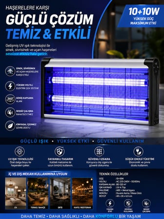 20W Elektrikli UV Sinek Öldürücü Lamba | Sivrisinek Kovucu | Sessiz Güçlü Haşere Kovucu | İç ve Dış Mekan Kullanımına Uygun 10W+10W auhma
