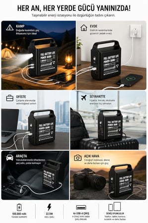 Taşınabilir Güç İstasyonu 100.000 mAh | 100W Hızlı Şarj | Güçlü LED Aydınlatma Dahili Kablolu Powerbank