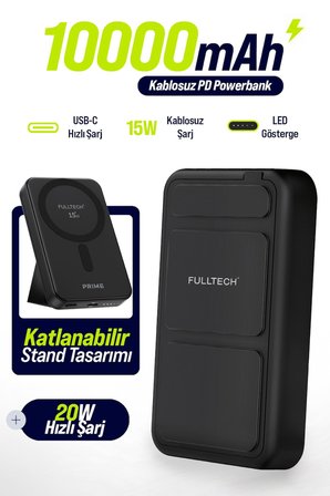 Fulltech FP53 10000mAh MagSafe Uyumlu Kablosuz Powerbank 20W PD Hızlı Şarj | 15W Manyetik Kablosuz Şarj | Katlanabilir Standlı | USB-C Giriş/Çıkış | Akıllı LED Göstergeli