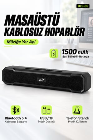 Blic BLS-85 Bluetooth 5.4 Masaüstü Soundbar Hoparlör Siyah, Telefon Standlı, 1500 mAh Şarjlı, USB ve TF Kart Destekli
