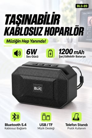 Blic BLS-89 Bluetooth 5.4 Taşınabilir Hoparlör Siyah 6W RMS, Telefon Standlı, USB ve TF Kart Destekli