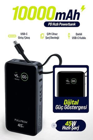 FULLTECH FP54 10000mAh 45W PD Hızlı Şarjlı Powerbank | 45W Kablosuz Şarj | Entegre USB-C Kablo | Dijital Ekran | USB-C Giriş/Çıkış Taşınabilir Powerbank