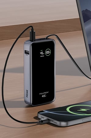 FULLTECH FP54 10000mAh 45W PD Hızlı Şarjlı Powerbank | 45W Kablosuz Şarj | Entegre USB-C Kablo | Dijital Ekran | USB-C Giriş/Çıkış Taşınabilir Powerbank