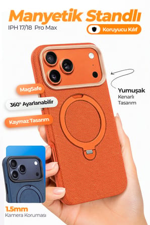 Fulltech FTPC10 iPhone 17 Pro Max Uyumlu Turuncu MagSafe Kılıf 360° Döner Metal Halkalı Standlı Manyetik Kamera Korumalı Premium Telefon Kılıfı