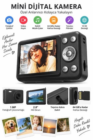 Mini Dijital Fotoğraf Makinesi 2.8” HD Ekran – Fotoğraf & Video Çekimi, Dahili Müzik Çalar, Filtre Efektleri, 64 GB Hafıza Desteği 12 Dil Desteği