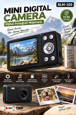 Mini Dijital Fotoğraf Makinesi 2.8” HD Ekran – Fotoğraf & Video Çekimi, Dahili Müzik Çalar, Filtre Efektleri, 64 GB Hafıza Desteği 12 Dil Desteği