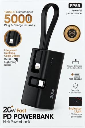 5000 mAh 20W PD Hızlı Şarj Powerbank Dahili Type-C ve Lightning Kablolu Mini Taşınabilir Şarj Cihazı