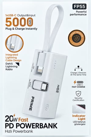 5000 mAh 20W PD Hızlı Şarj Powerbank Dahili Type-C ve Lightning Kablolu Mini Taşınabilir Şarj Cihazı